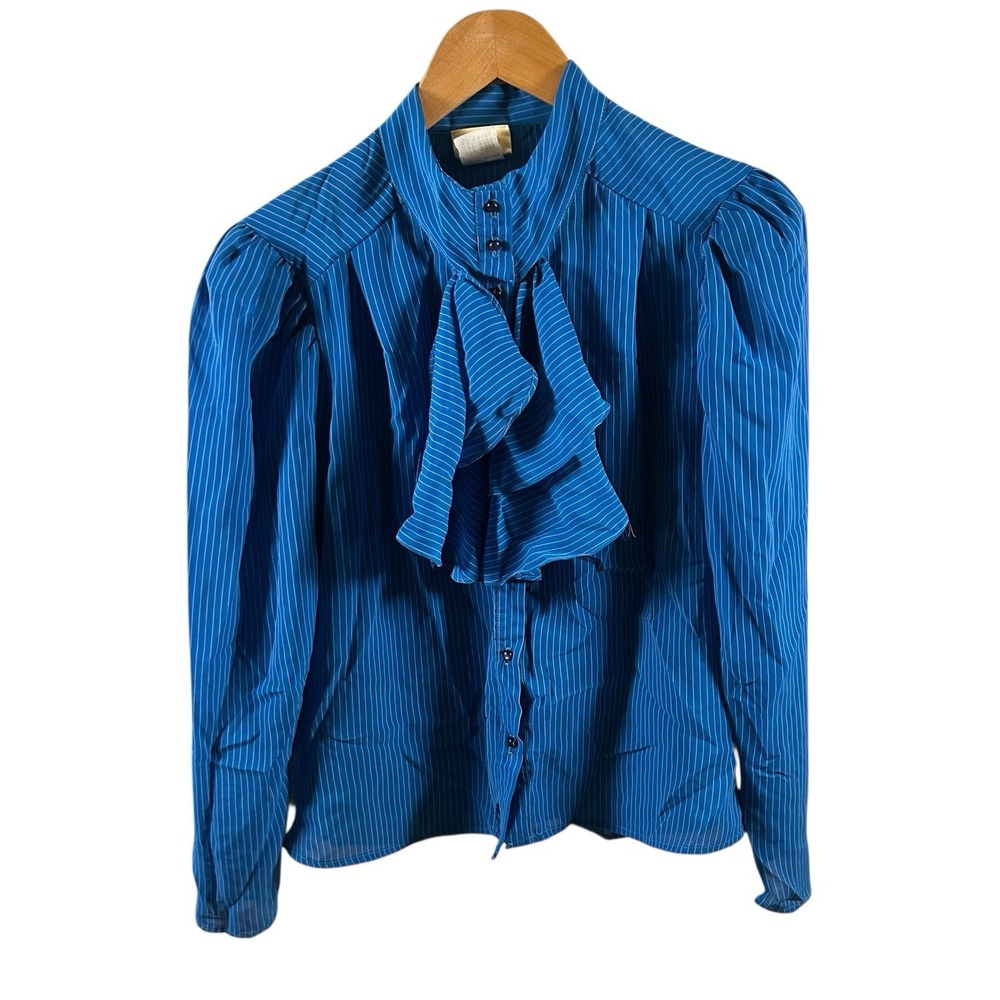 True Vintage 70's Secretary Blouse Top Shirt Women's Size L‎ Blue Ruffles